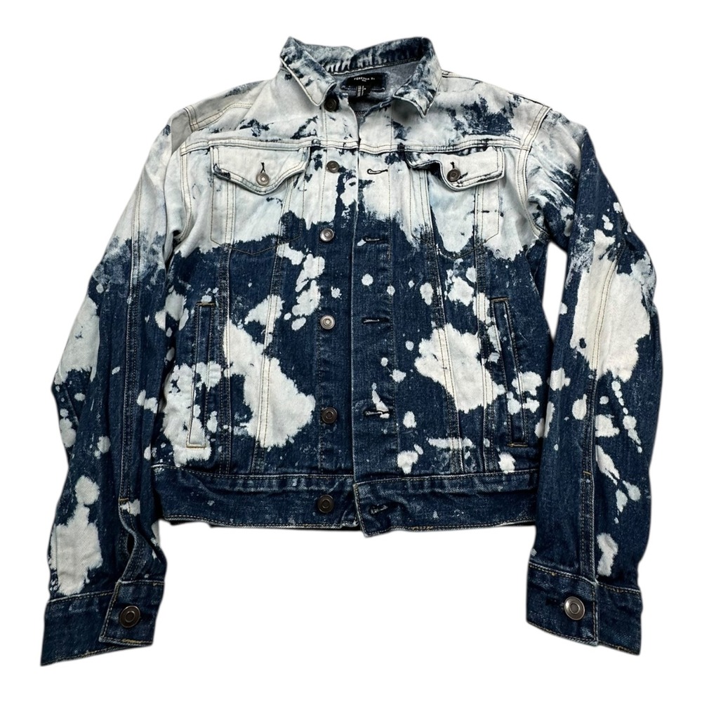 FOREVER 21 Men Denim Jacket‎ Blue White Bleach Distressed Trucker Style Size S